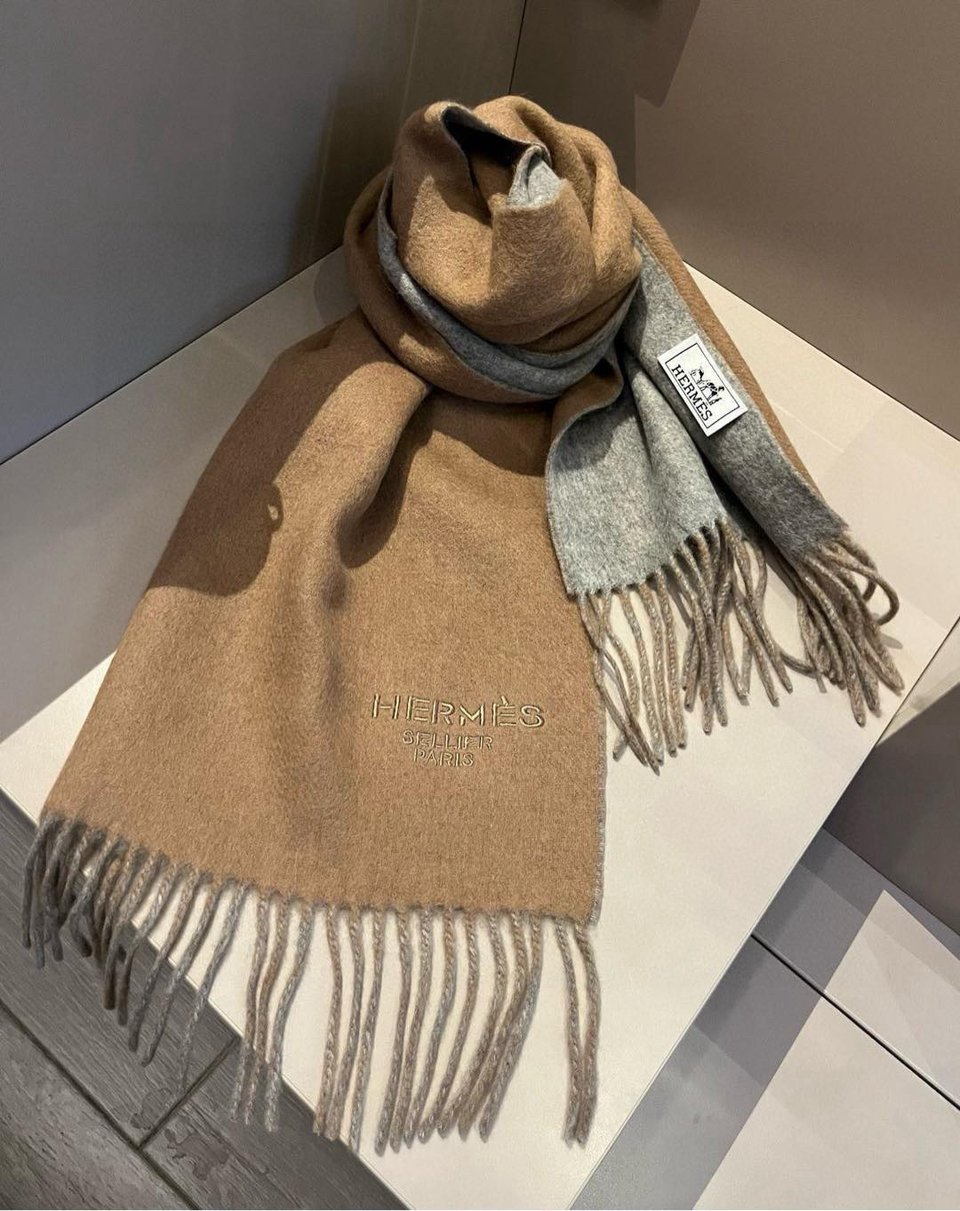Hermes Cashmere Scarf Colorblock Beige Gray For Women 180cm
