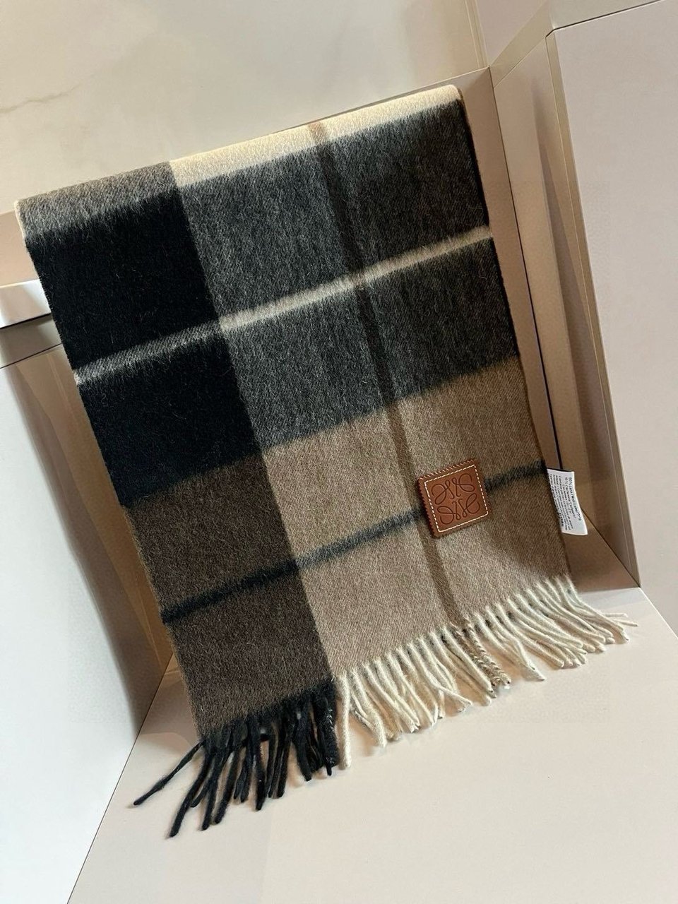Loewe Cashmere Scarf Check Black Beige For Women 180cm view 5