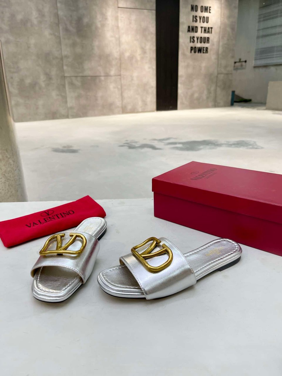Valentino Garavani Vlogo Signature Slide Sandal Silver view 3