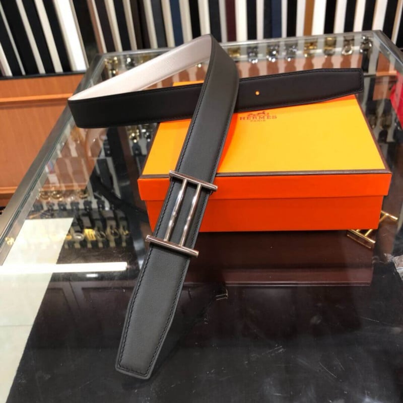 Hermes Rider Belt Buckle &amp; Reversible Leather Strap 32mm H075372 White/Black view 6