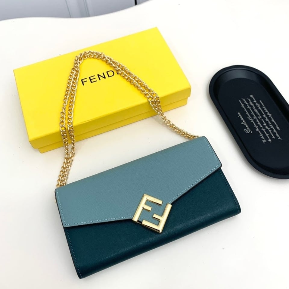 Fendi Ff Diamonds Continental With Chain Leather Wallet Green Blue 19Cm view 3