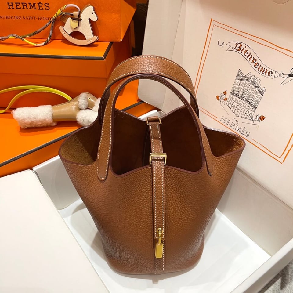 Hermes Picotin Lock Bag In Taurillon Clemence Gold Brown 22Cm view 3