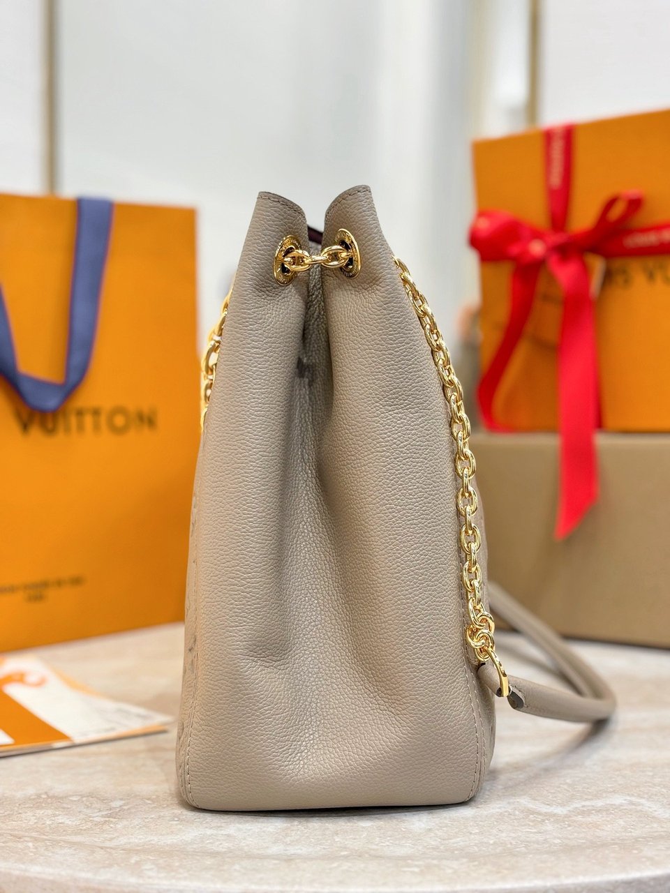 Louis Vuitton LV Anytime MM Monogram Empreinte Bag Tourterelle Gray M14658 42cm/ 16.5in view 14