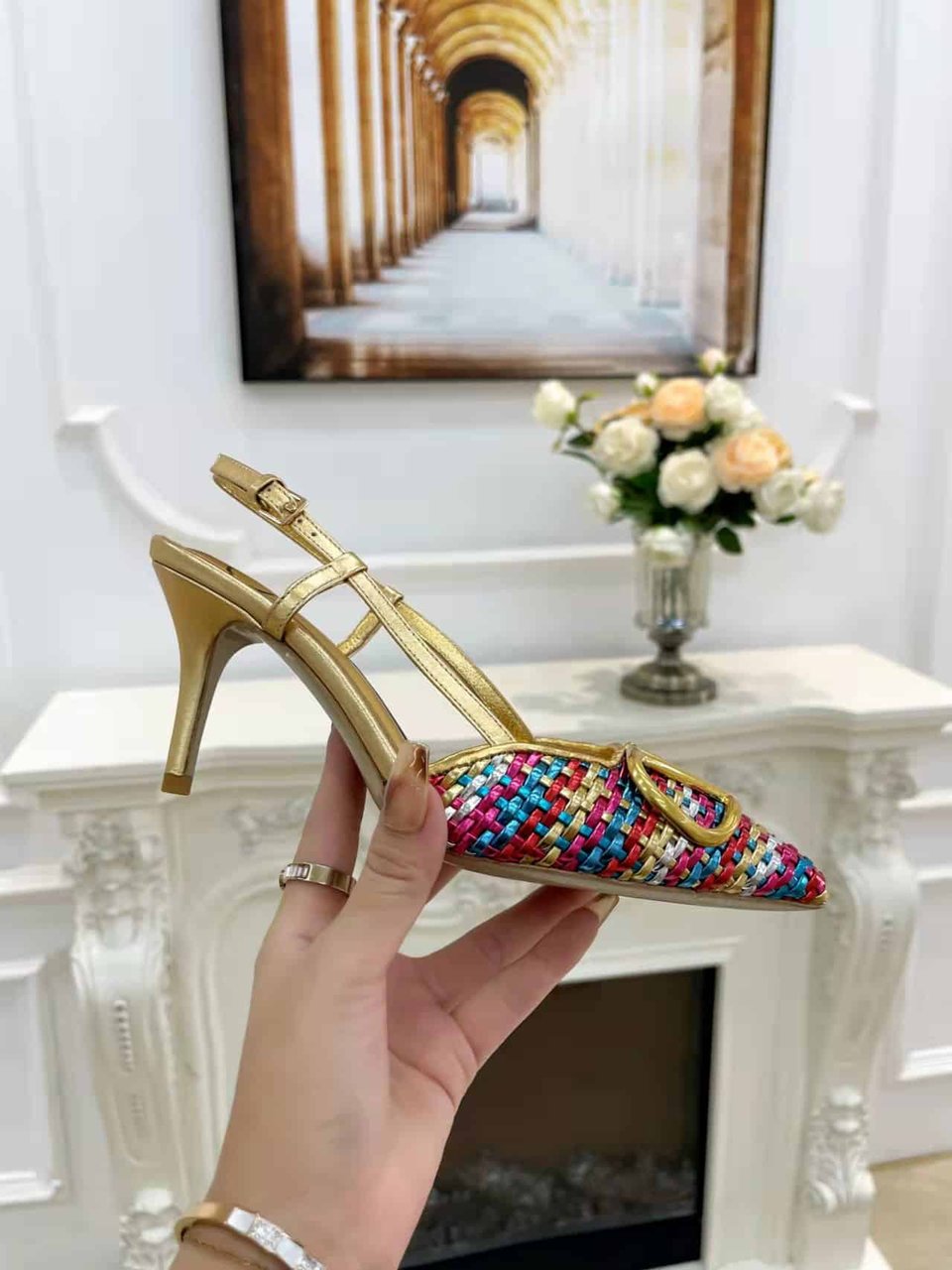Valentino Garavani Vlogo Woven Leather Slingback Pumps Multicolor view 7