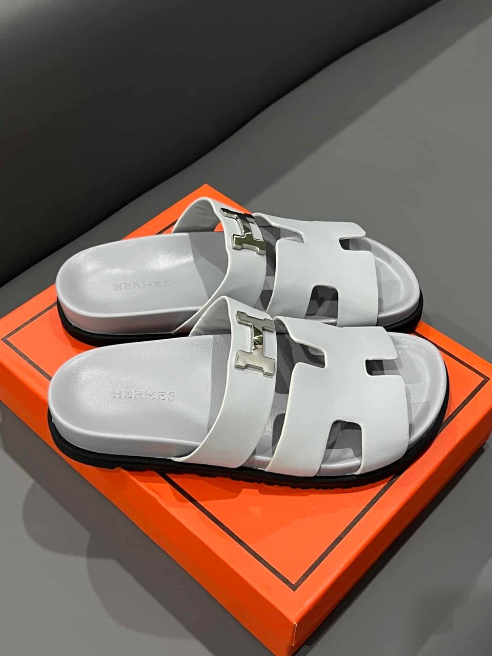 Hermes Chypre Sandal H Logo Silver Hardware Light Grey view 8