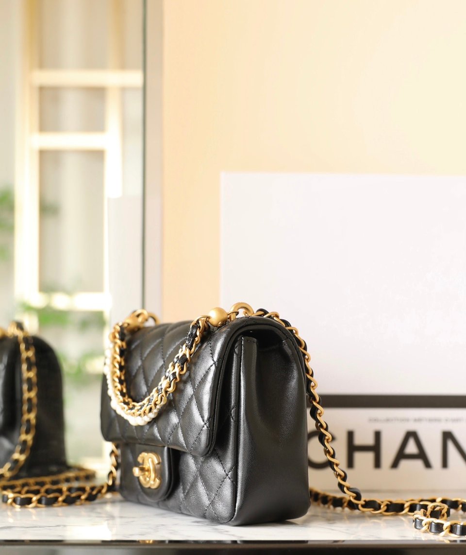 Chanel 24P Mini Flap Bag 17Cm Black Lambskin Pearl Chain view 9