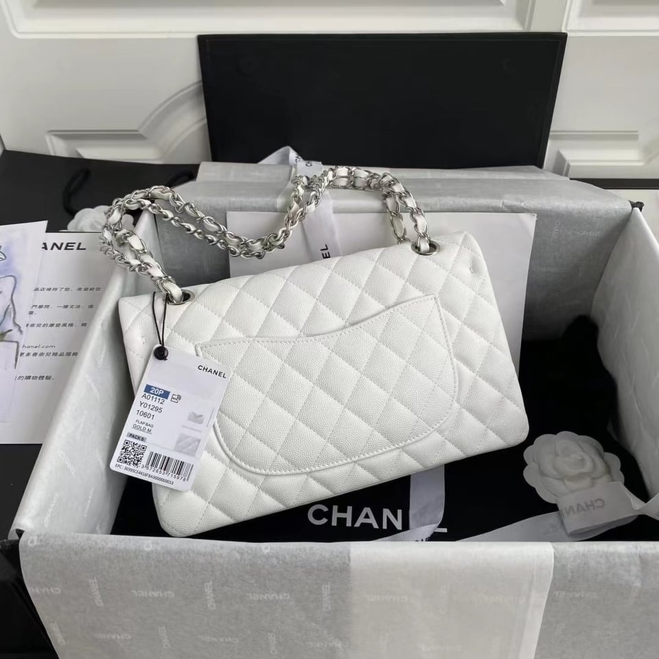 Chanel Classic Double Flap Bag White Silver Hardware 25Cm/10in view 4