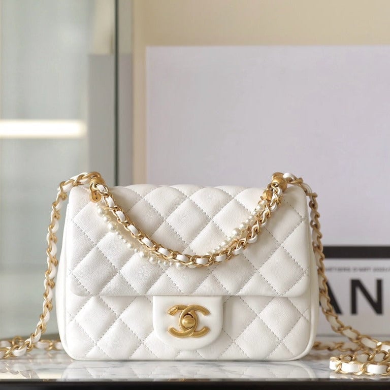 Chanel 24P Mini Flap Bag 17Cm White Lambskin Pearl Chain view 2