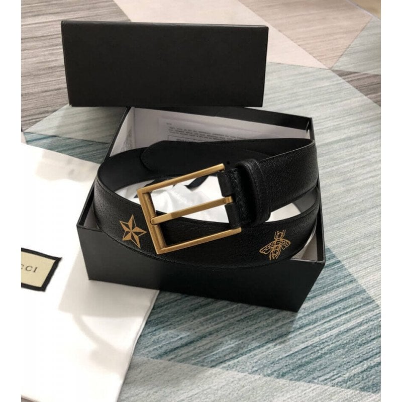 Gucci Calfskin Bees And Stars Print Belt 35mm 495125 Black Unisex view 9