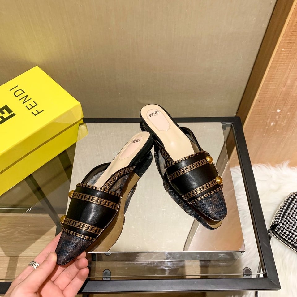Fendi Ff Beige Strap Half Slippers Black view 6