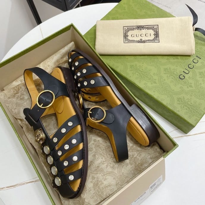 Gucci Rubber Crystal Embellishments Sandals Black view 7