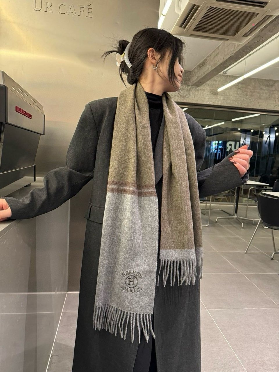 Hermes Cashmere Scarf Colorblock Brown Grey For Women 180cm view 4