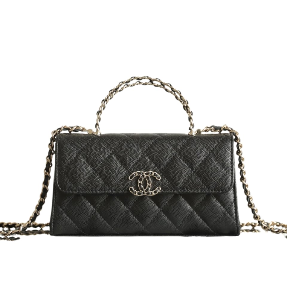 Chanel Caviar Quilted Chain Top Handle Phone Holder With Chain Black 18cm