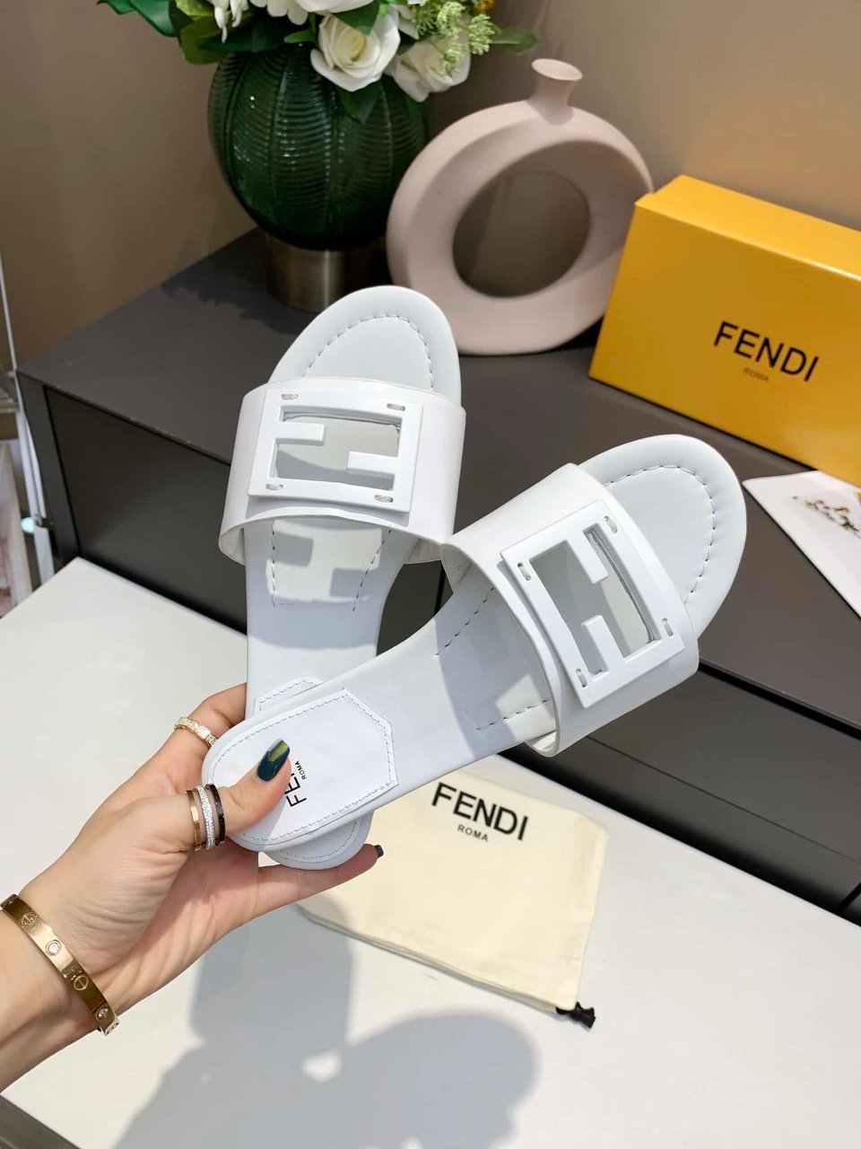 Fendi Signature Leather Sandals Slide White view 5