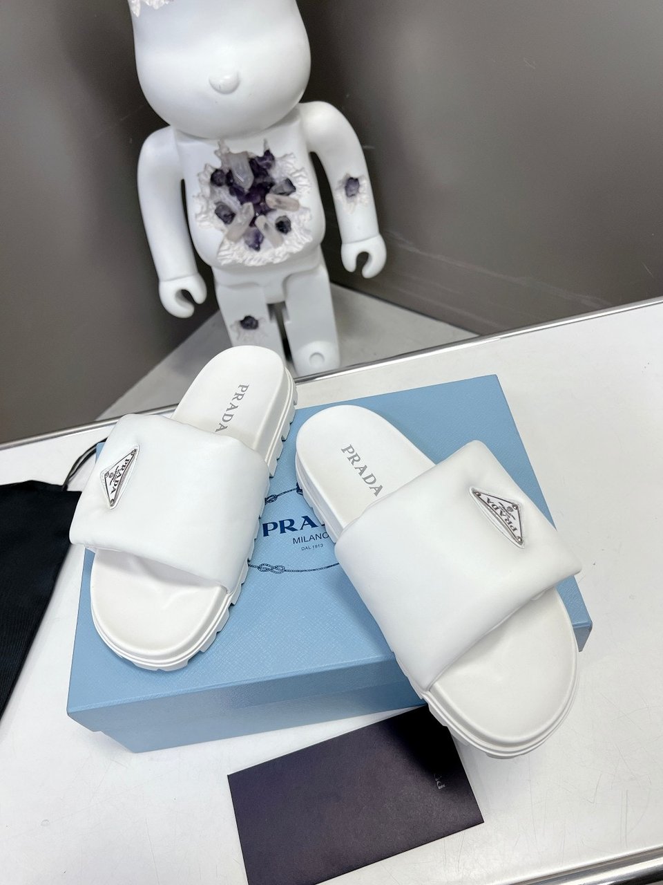 Prada Soft Padded Nappa Leather Slides White 1Xx6482Dl8F0009F020 view 3