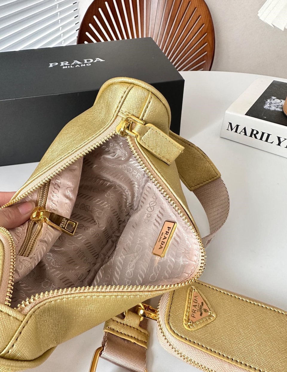 Prada Triangle Saffiano Leather Shoulder Bag Gold 28Cm view 3