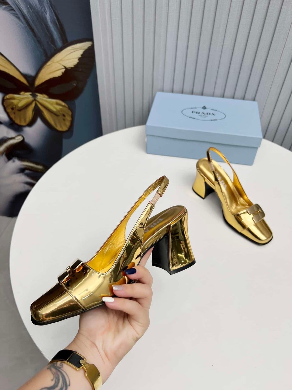 Prada Leather Slingback Pumps Gold view 5