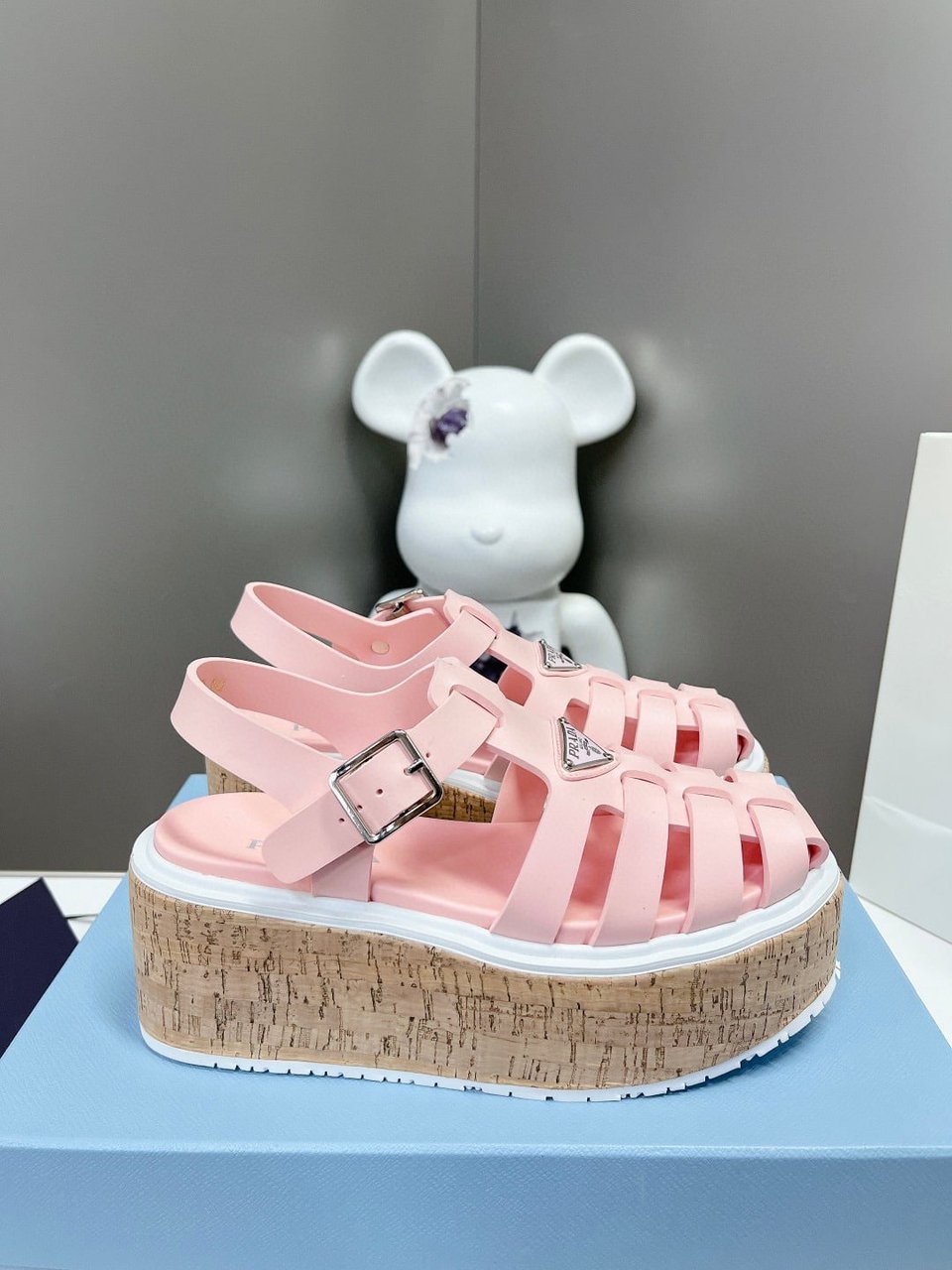 Prada Rubber Wedge Platform Sandals Light Pink view 3