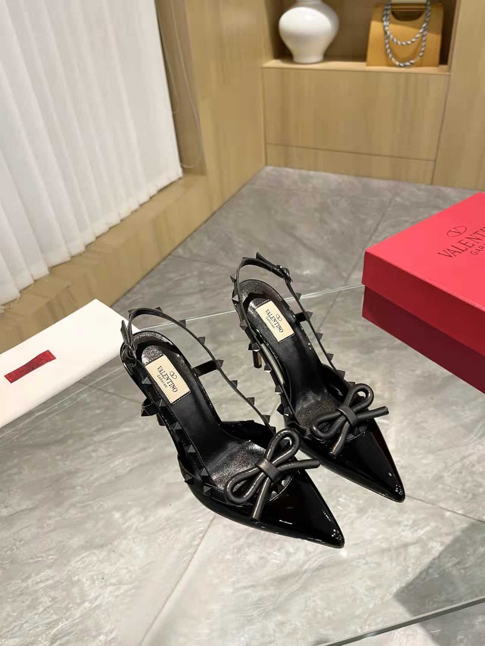 Valentino Rockstud Bow 100 Patent Slingback Pump Black view 8