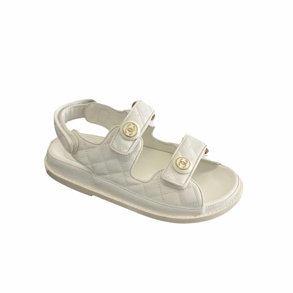 Chanel Cc Button Velcro White Sandals Grained Calfskin Leather view 2