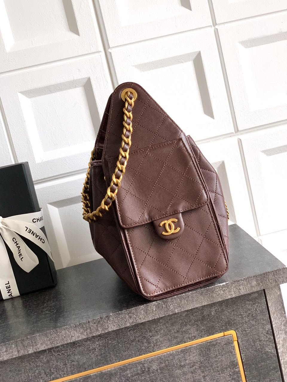 Chanel 25 Small Size Handbag Calfskin With Grain Effect &amp; Gold Metallic Brown 30cm/11.8in AS5293 view 11
