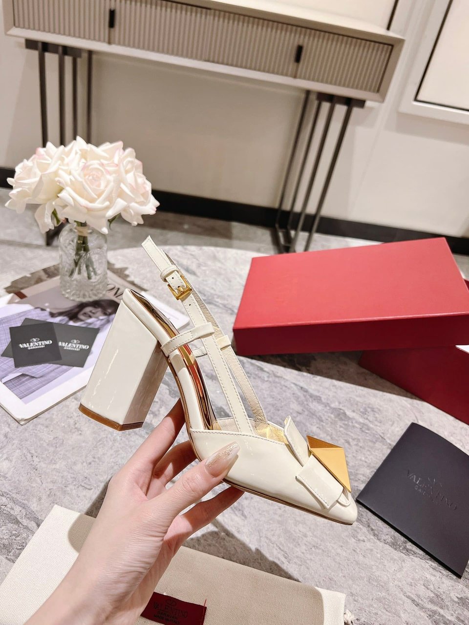 Valentino Garavani One Stud Patent Leather Slingback Pump White view 10
