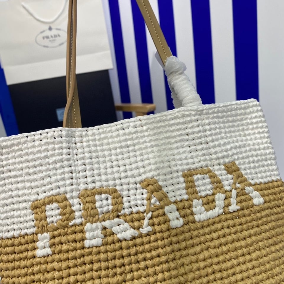 Prada Raffia Tote Bag Beige 23cm view 7