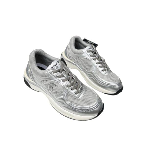 Chanel 23C Silver Metallic Cc Logo Lace Up Flat Runner Trainer Sneaker Gray