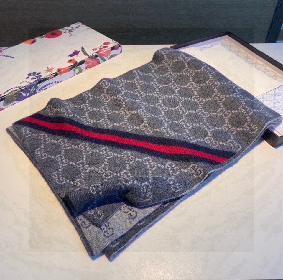 Gucci Cashmere Scarf GG Monogram Stripe Grey For Women 180cm view 6