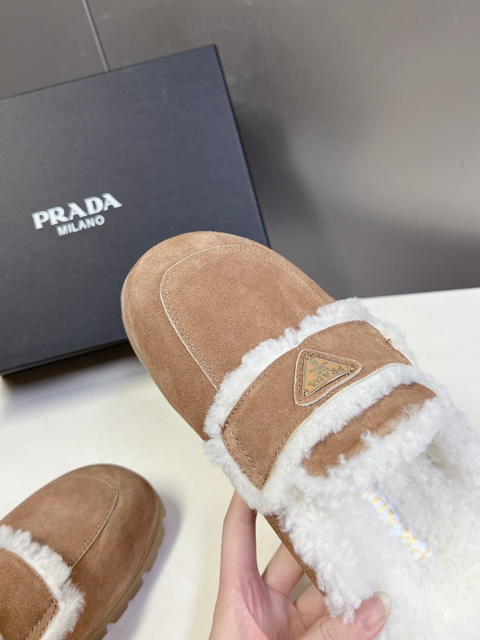 Prada Suede And Shearling Slippers Ecru 1S711M X0O F0379 F Zg20 view 8