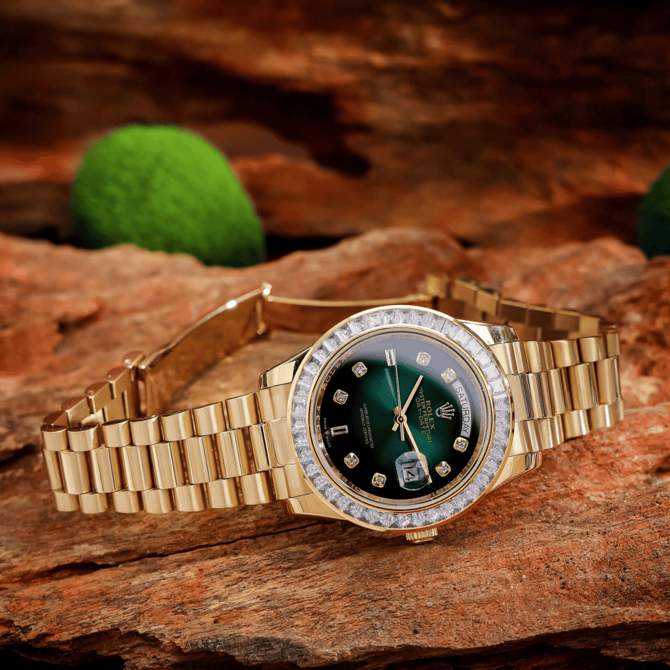 Rolex Yellow Gold Day-Date Diamond Bezel Onyx Green Dial President Bracelet 40mm view 3
