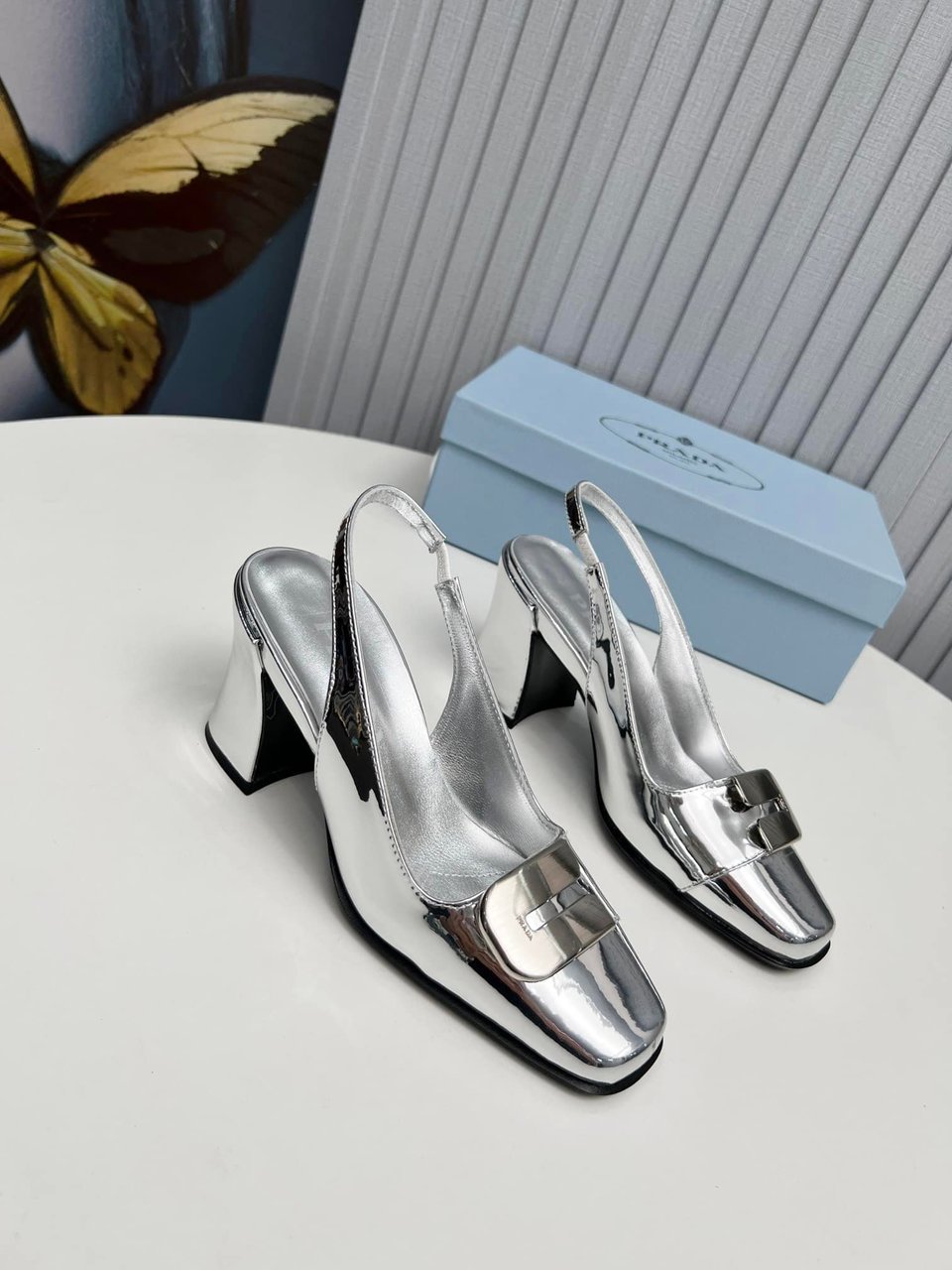 Prada Leather Slingback Pumps Silver view 11