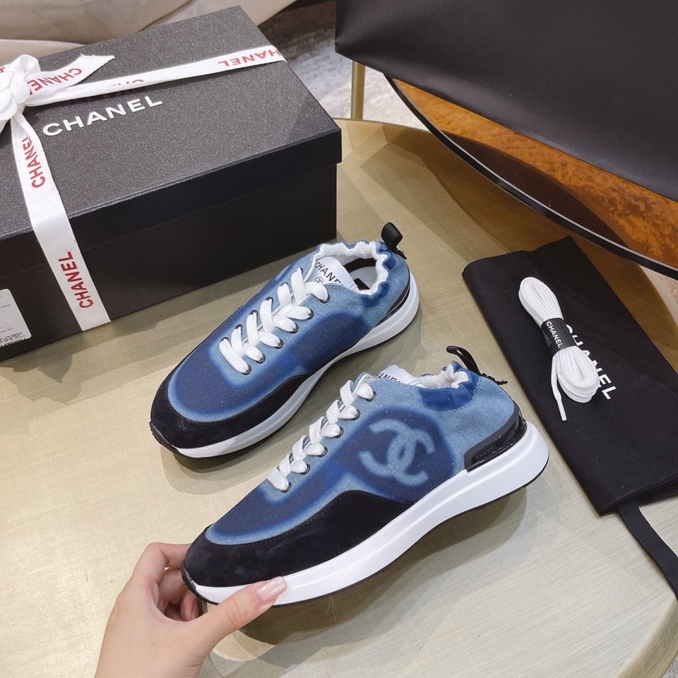 Chanel Neon Denim Lace Up Low Top Trainer Sneaker Blue G37494 Y55237 K2847 view 5