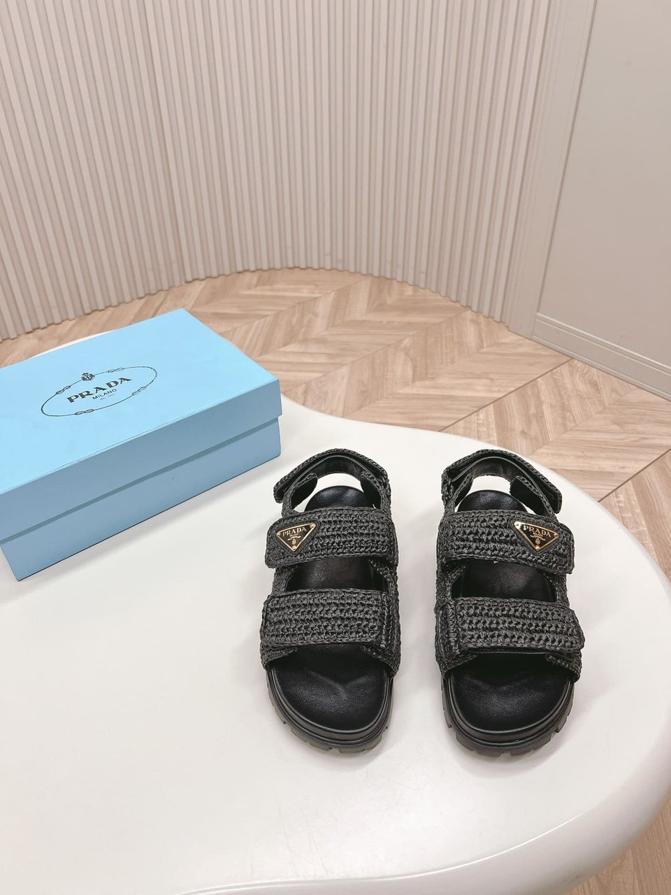 Prada Monolith Crochet Raffia Effect Sandals In Black view 8