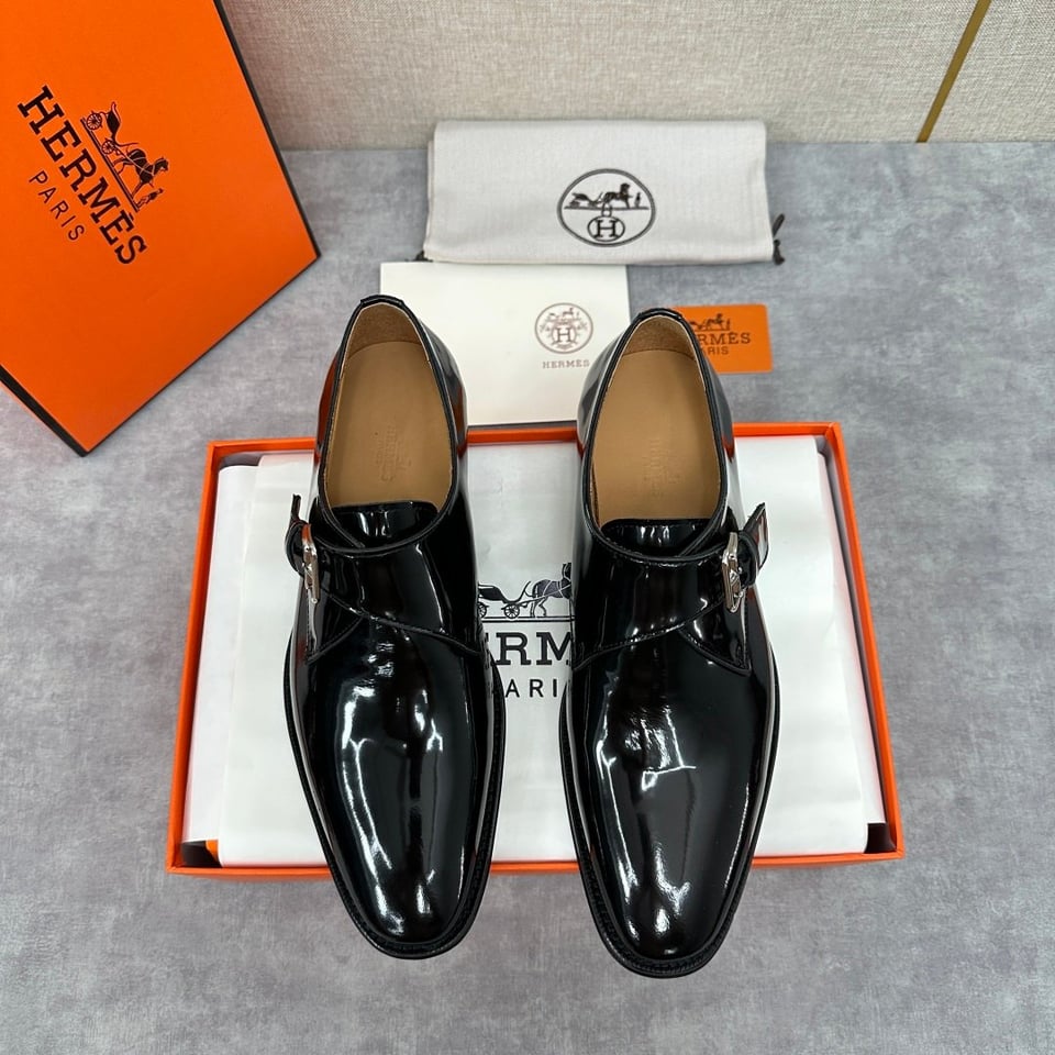Hermès Black Polished Leather Monk Strap- Shoes for Men view 4