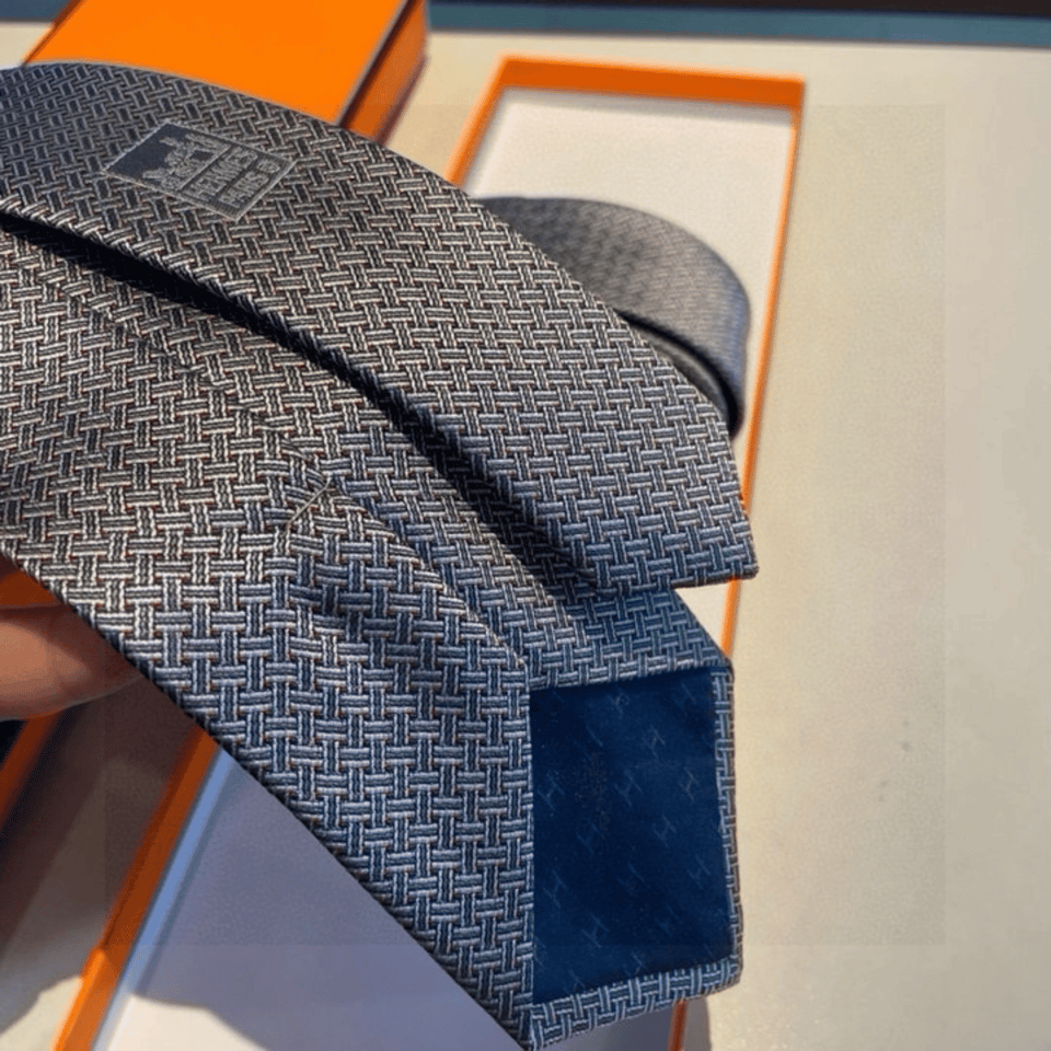 Hermes Light Gray Interlocking Pattern Canvas Tie For Men view 5