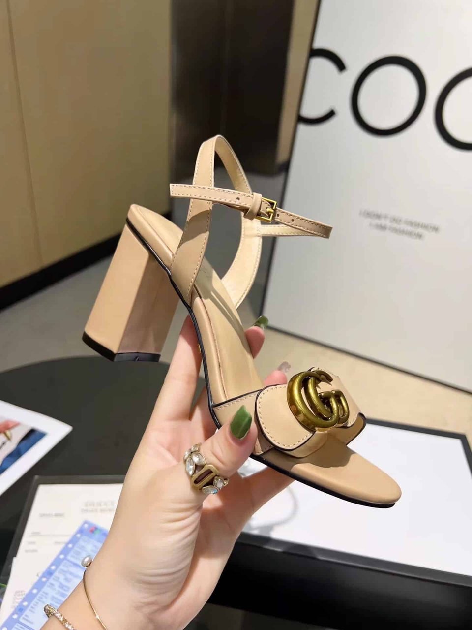 Gucci Leather Mid Heel Sandal Beige view 7