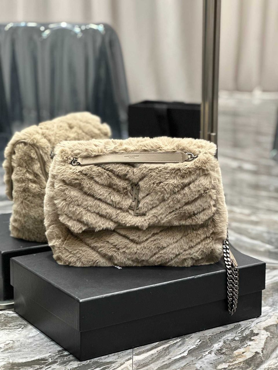 Saint Laurent Niki Medium Chain Bag In Shearling Brown view 8