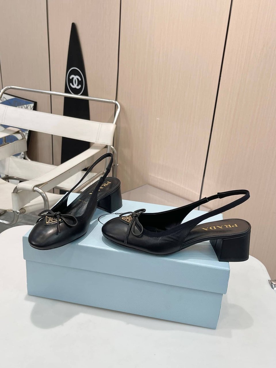 Prada Triangle Logo Bow Slingback Pump In Black view 3