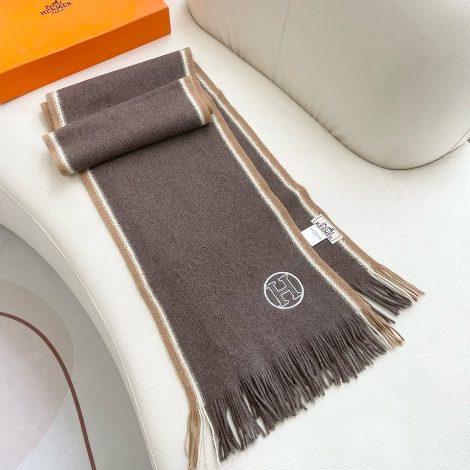 Hermes Cashmere Scarf H-Motif Brown For Women 180cm view 4