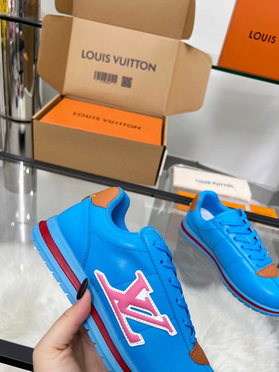 Louis Vuitton LV Trainer Sneaker Blue &amp; Pink – Red Stripe Sole – Women’s Shoes view 6
