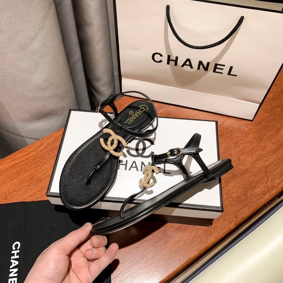 Chanel Gold Pearl Cc Logo Thong Sandals Black view 5