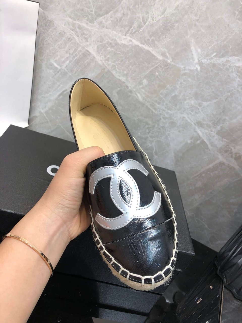 Chanel Embroidered Espadrille Leather Cap Toe Flats Black Cc view 7