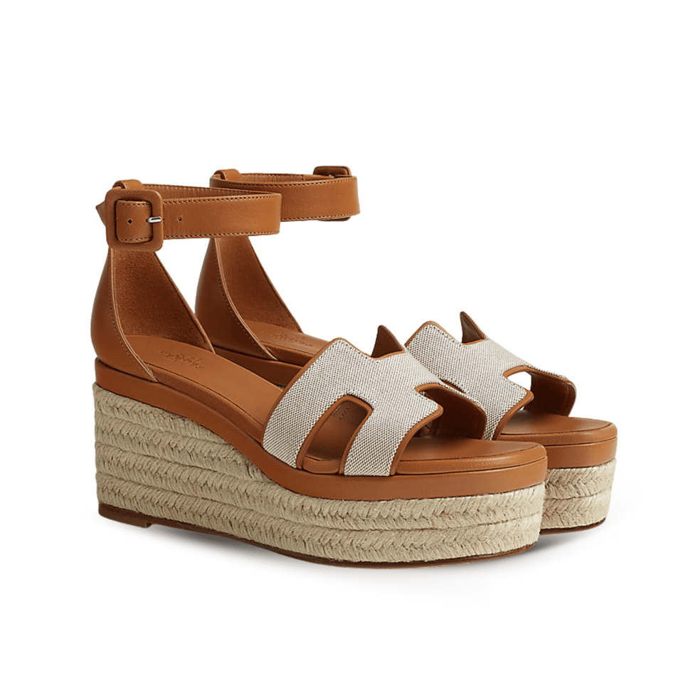 Hermès Elda Espadrille in White Fabric and Bronze Brown Calfskin view 2