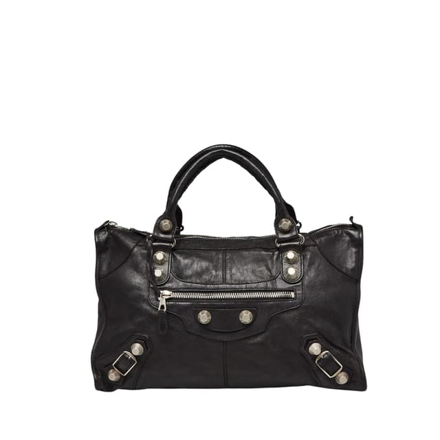 Balenciaga Black Lambskin Leather Giant Silver Work Bag 30cm/11.8in