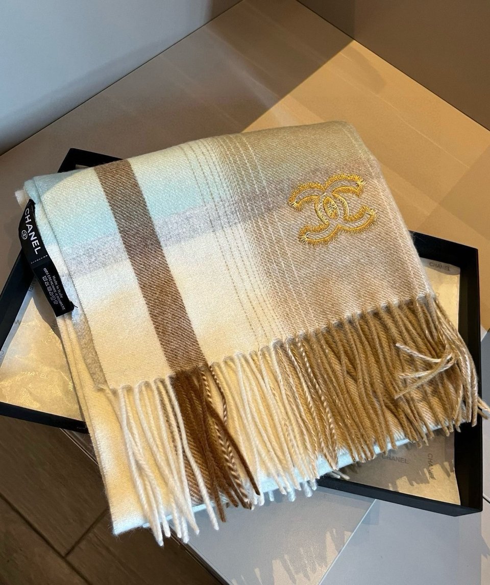 Chanel Cashmere Scarf Striped Beige For Women 190cm view 6