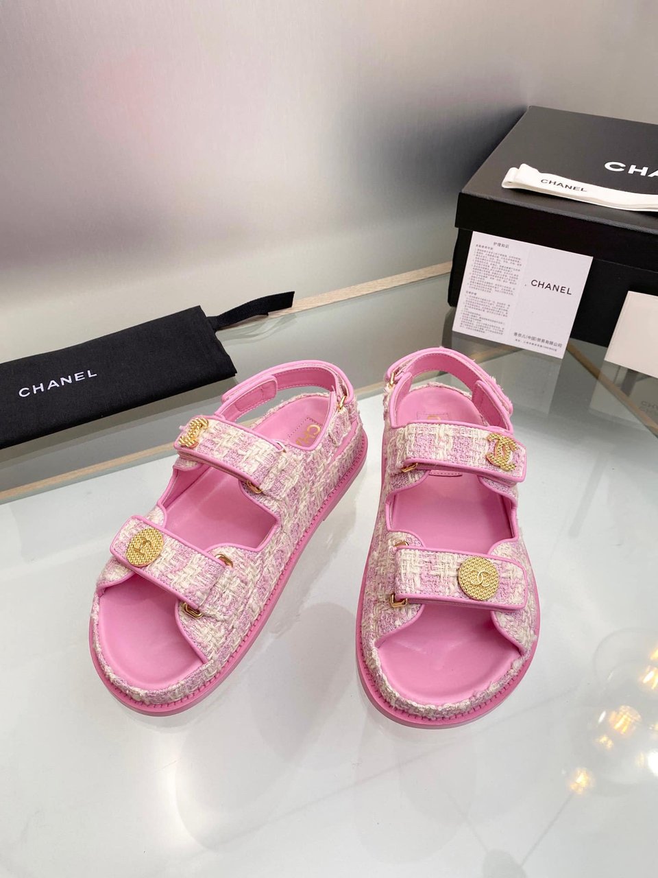 Chanel Tweed Sandal Pink Ecru Cotton G35927 X56999 K5945 view 5