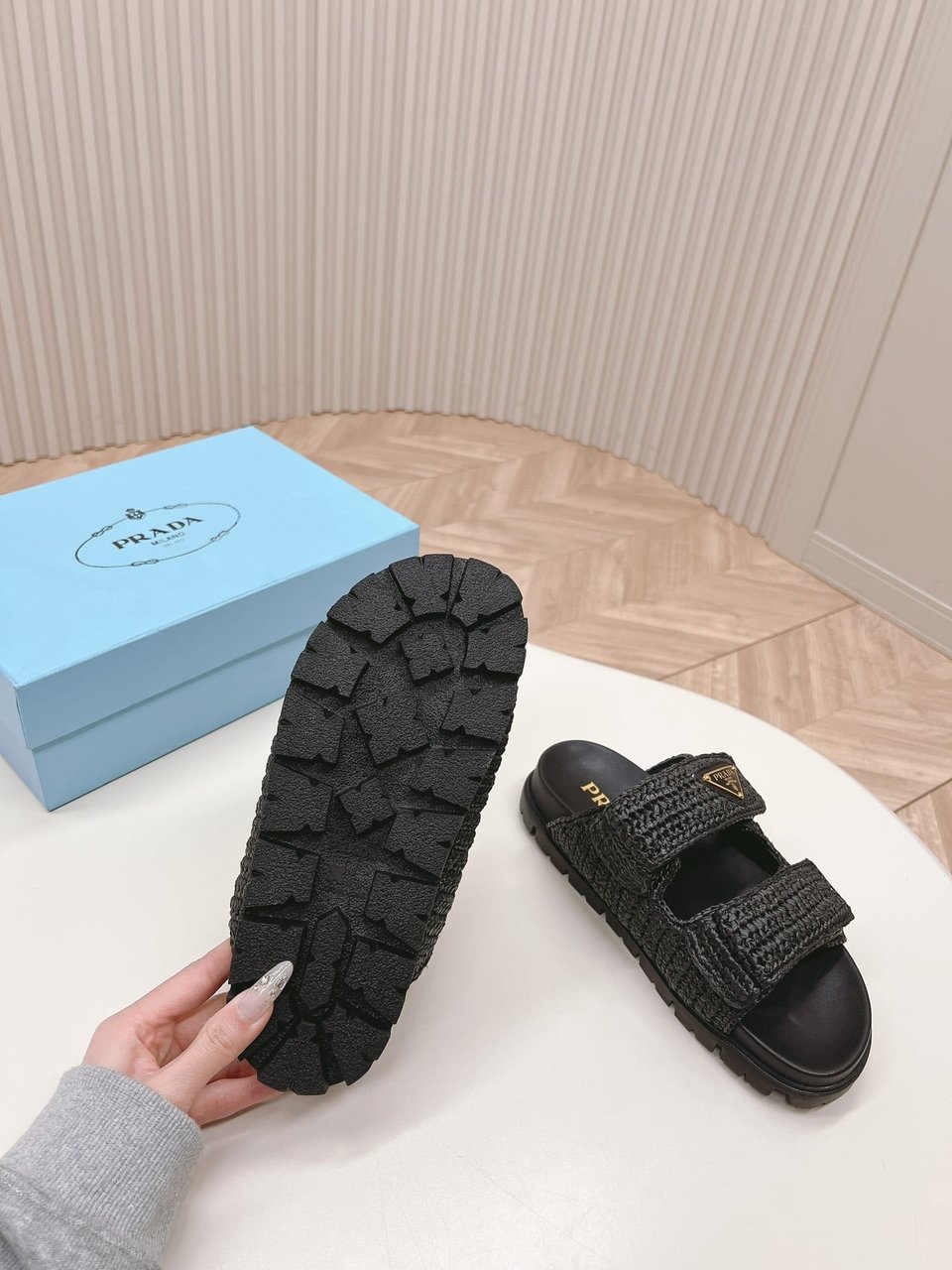 Prada Fussbett Raffia Dual Buckle Slide Sandals Black view 3