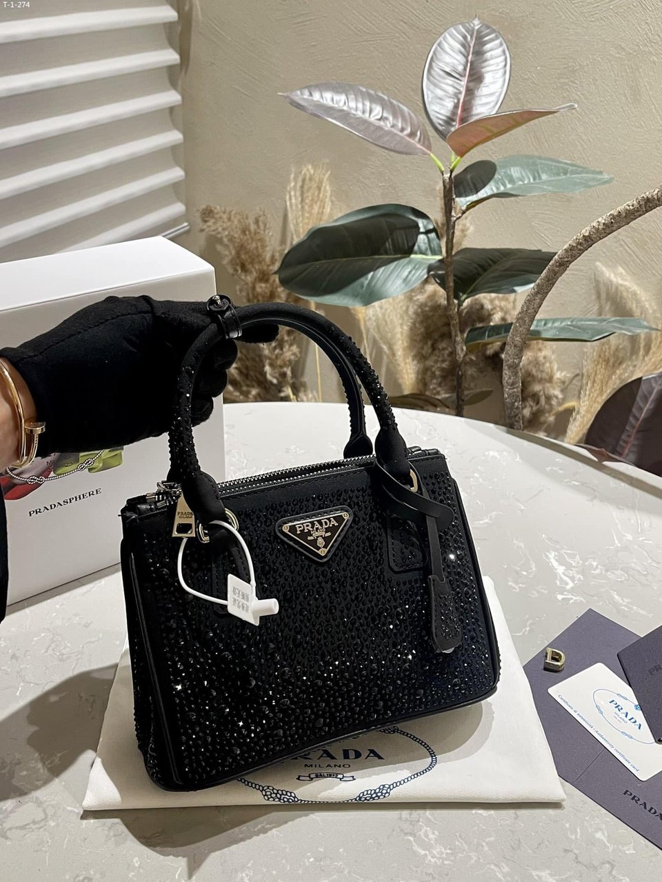 Prada Galleria Satin Mini Bag With Crystals Black 23Cm view 3