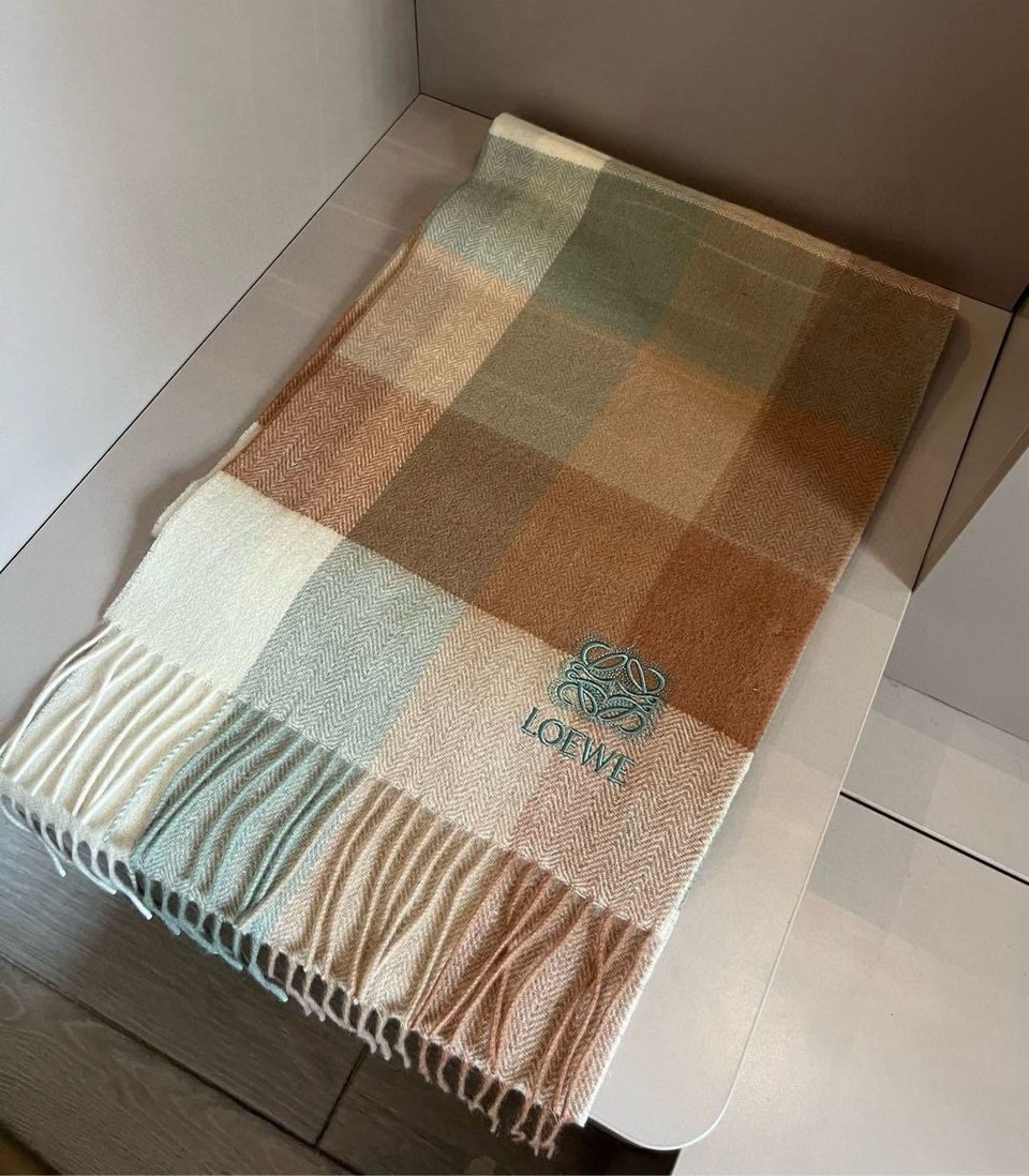 Loewe Cashmere Scarf Check Brown Green For Women 180cm view 5